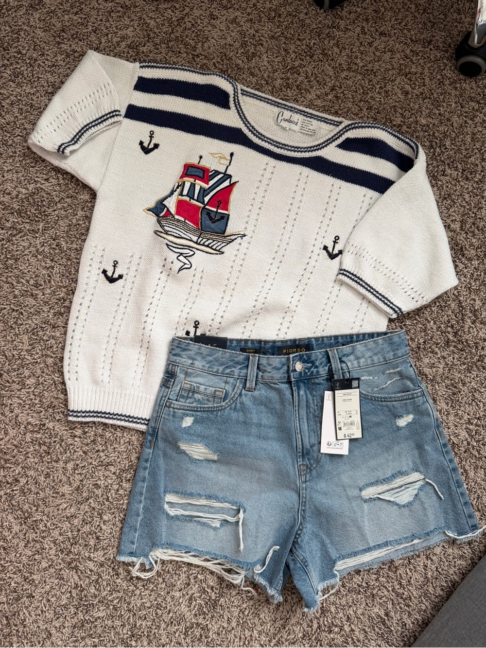 Bundle Denim distress shorts & Nautical Embroidered Ship Knit Top